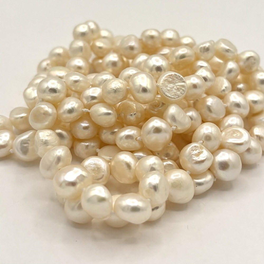 Long Endless Hand Knotted White Freshwater Baroque Pearl Flapper Necklace 60"